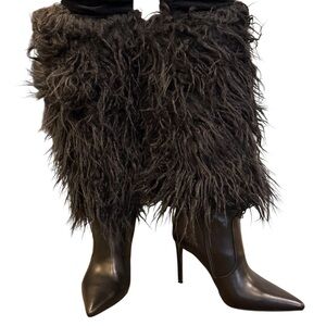 Black Faux Fur Leg Warmers Stiletto Ankle Boots Statement Heels Y2K NIB